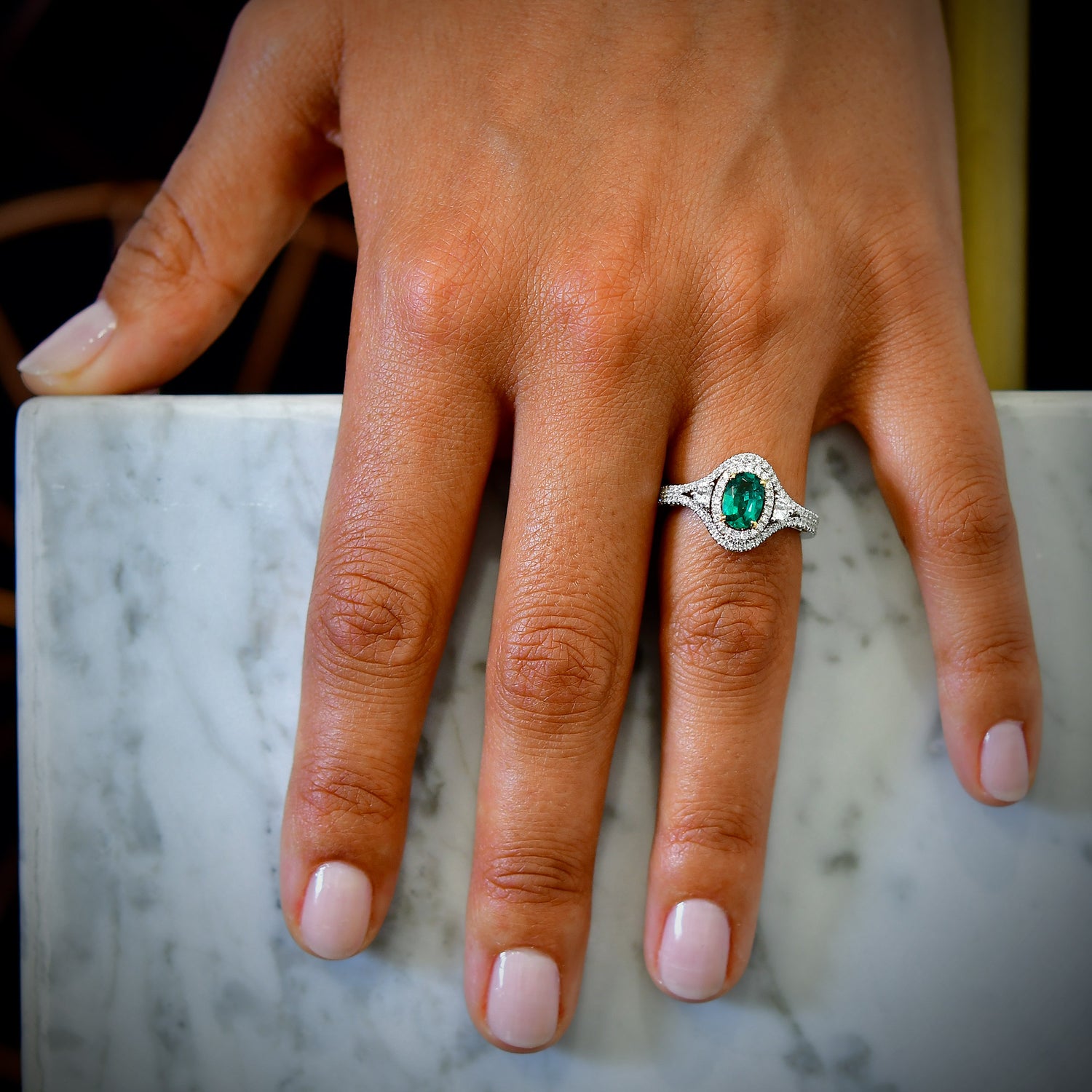 Vivid Green Oval Emerald and Diamond Ring