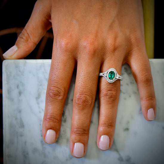 Vivid Green Oval Emerald and Diamond Ring