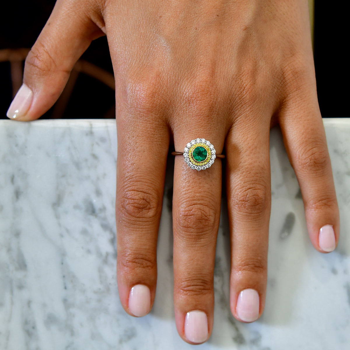 Round Emerald & Yellow Diamond Double Halo Ring