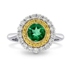 Round Emerald & Yellow Diamond Double Halo Ring