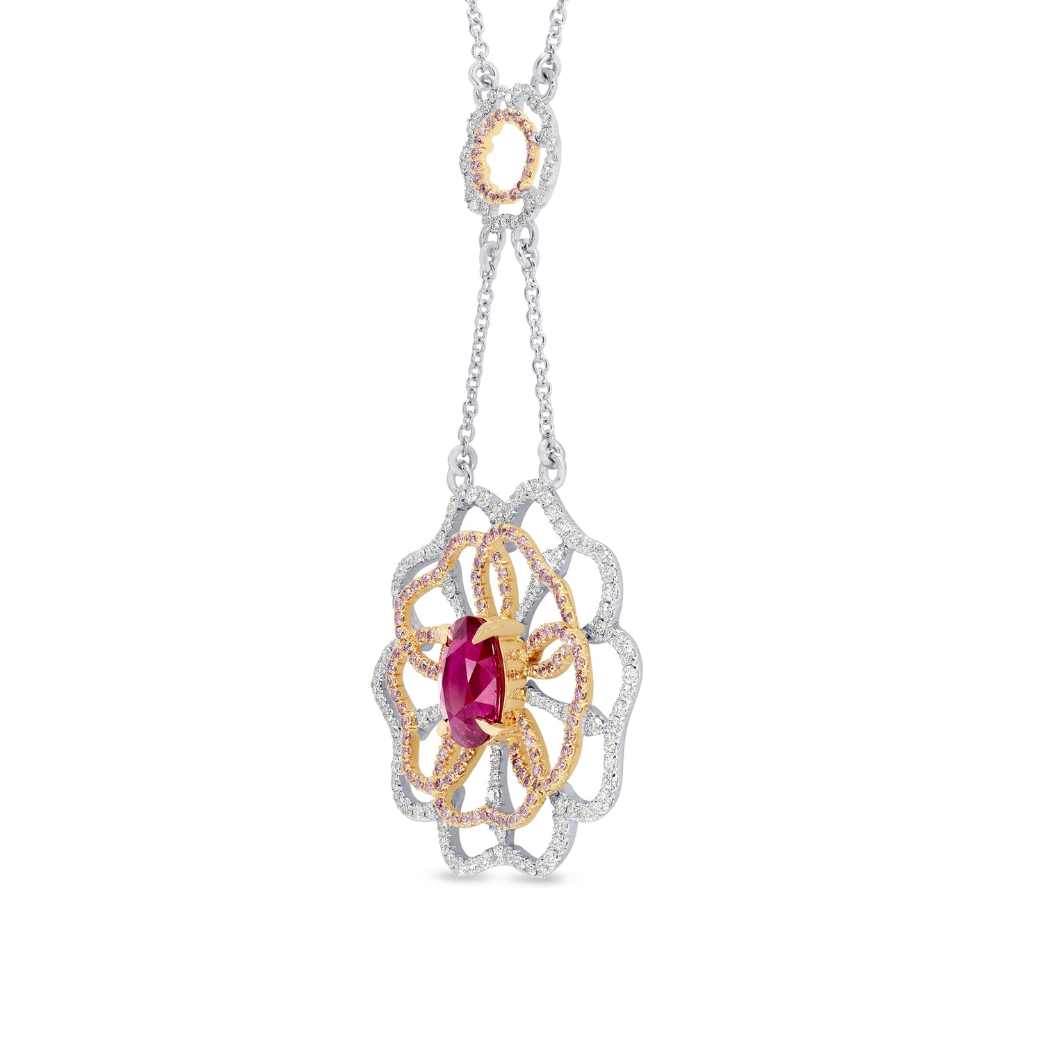 Ruby and Pink Diamond Flower Necklace