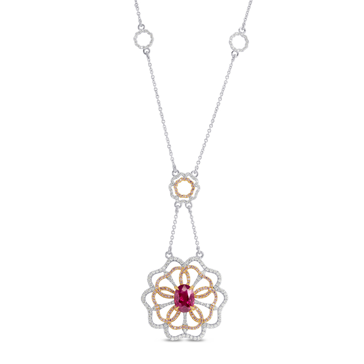 Ruby and Pink Diamond Flower Necklace