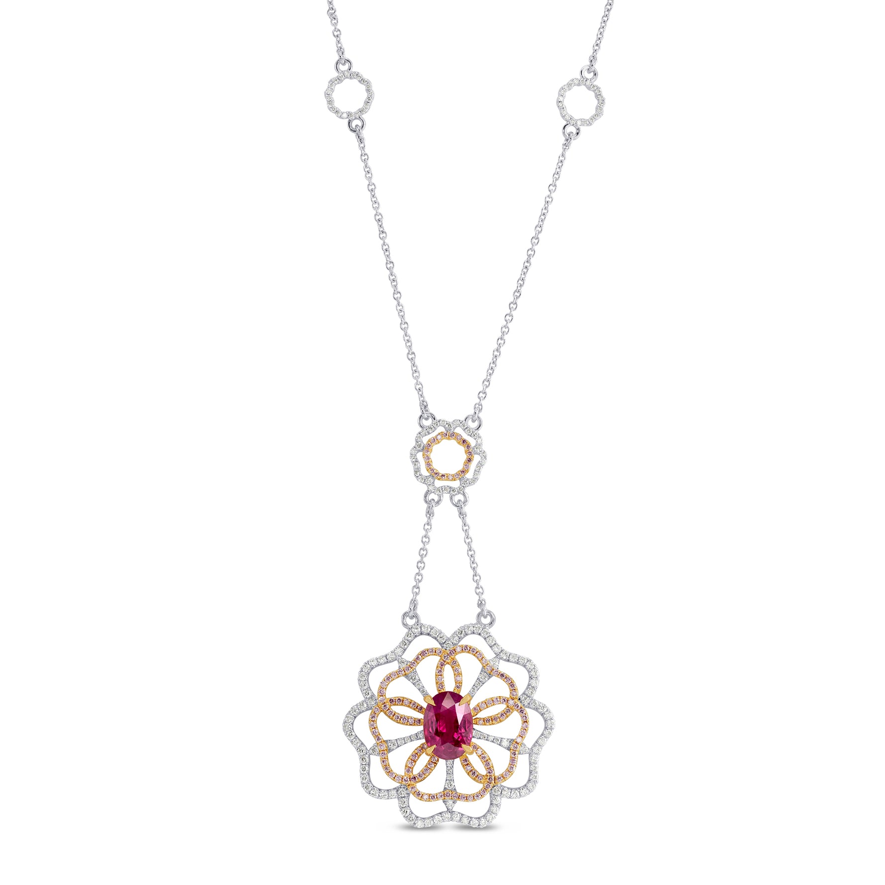 Ruby and Pink Diamond Flower Necklace