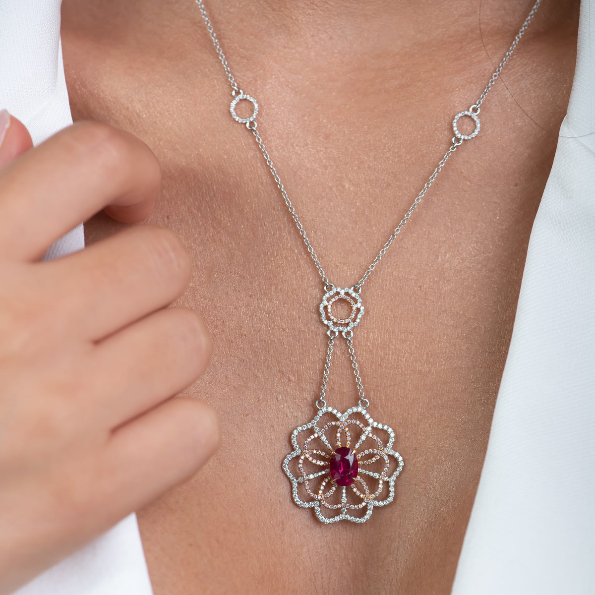 Ruby and Pink Diamond Flower Necklace