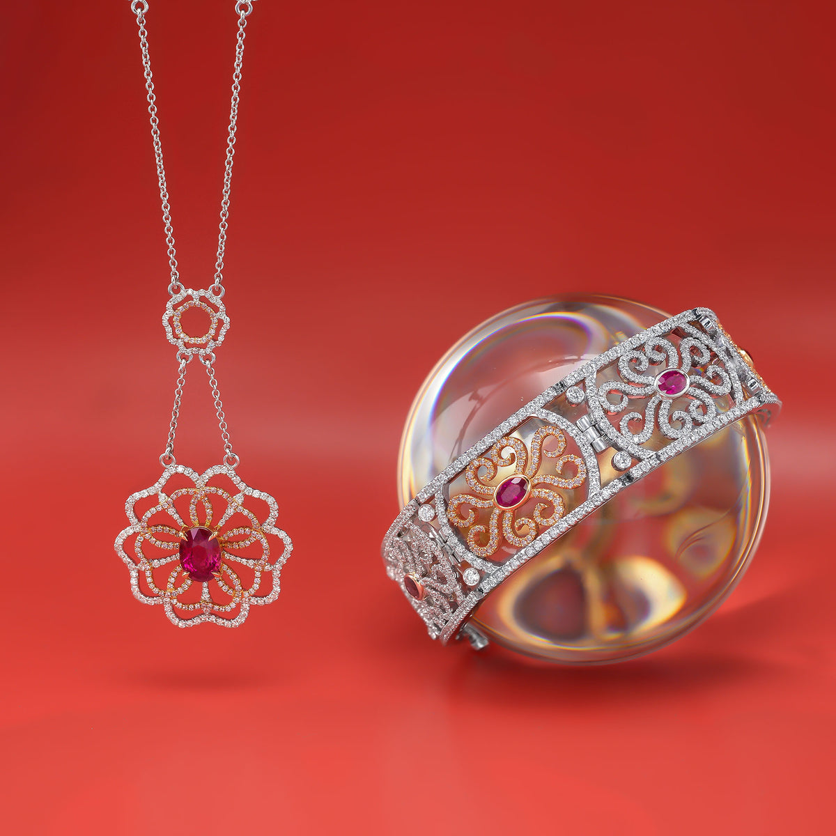 Ruby and Pink Diamond Flower Necklace