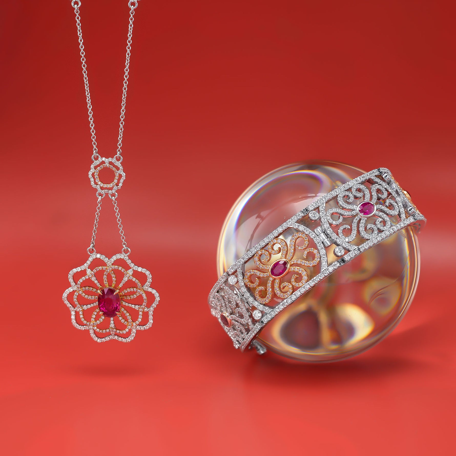 Ruby and Pink Diamond Flower Necklace