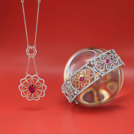 Ruby and Pink Diamond Flower Necklace