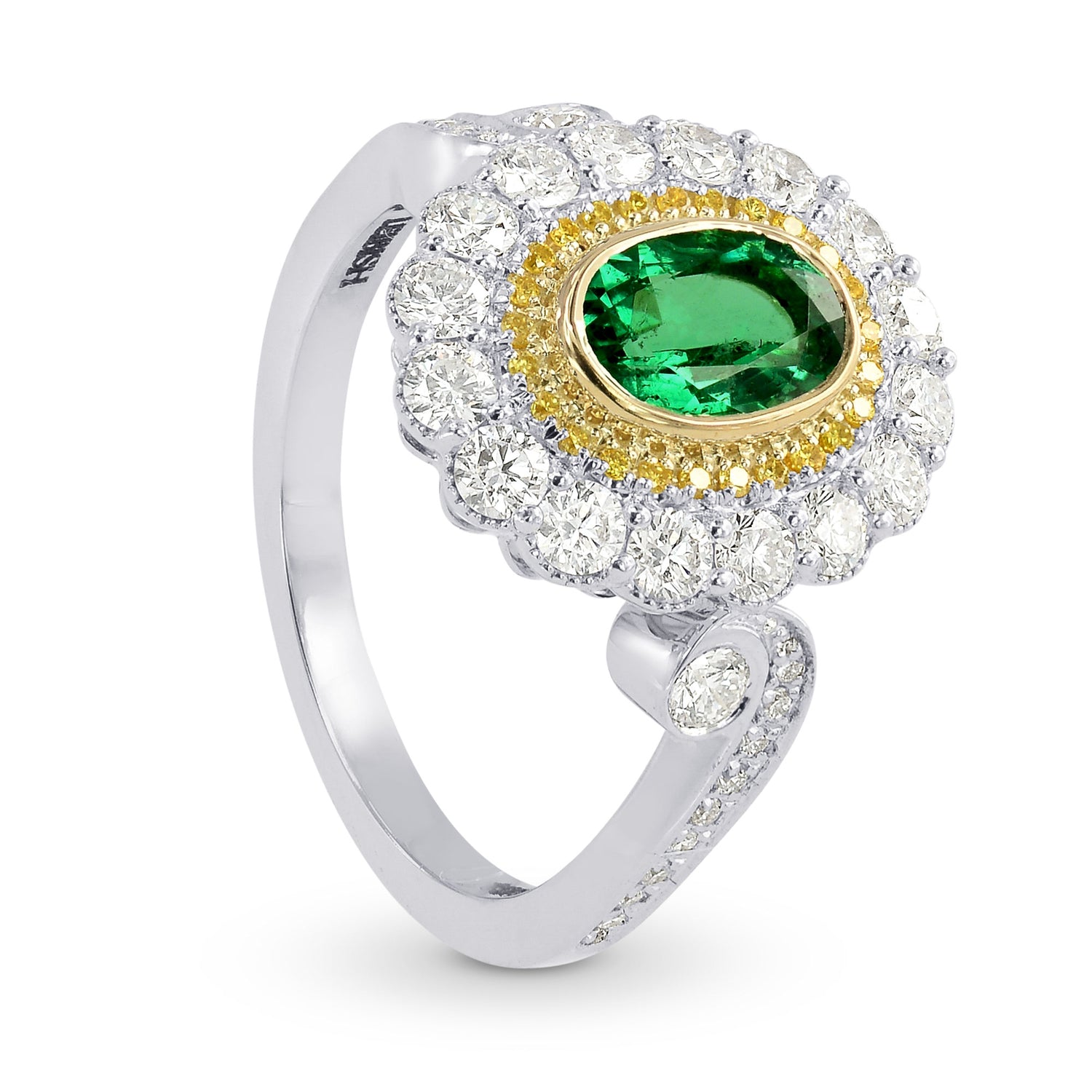 Vivid Green Emerald and Fancy Intense Yellow Diamond Ring