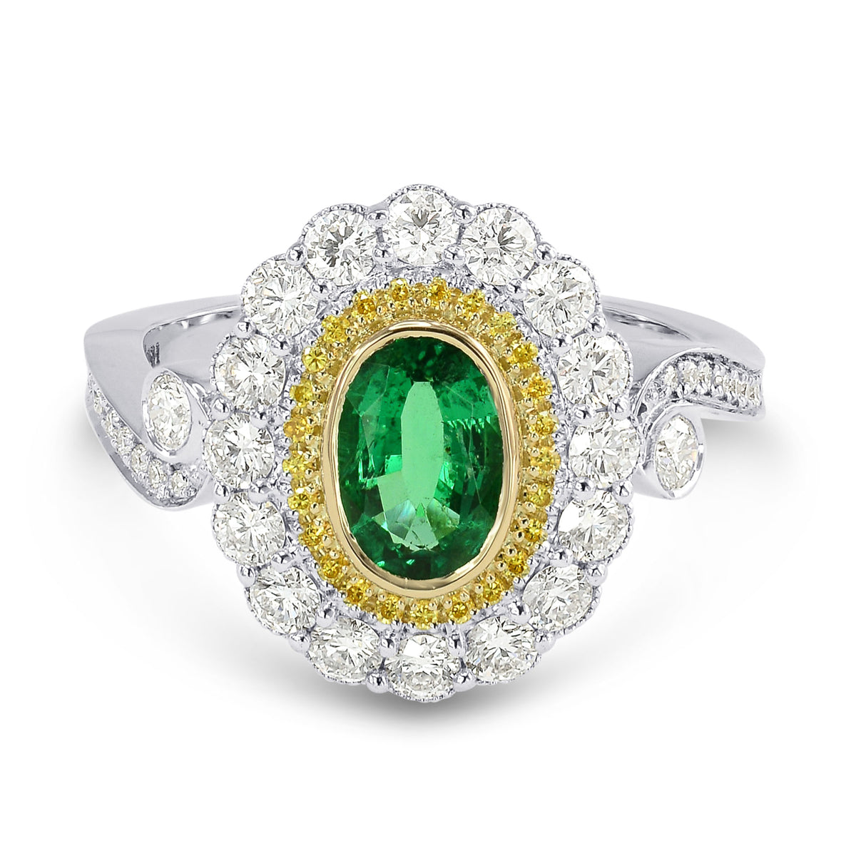 Vivid Green Emerald and Fancy Intense Yellow Diamond Ring