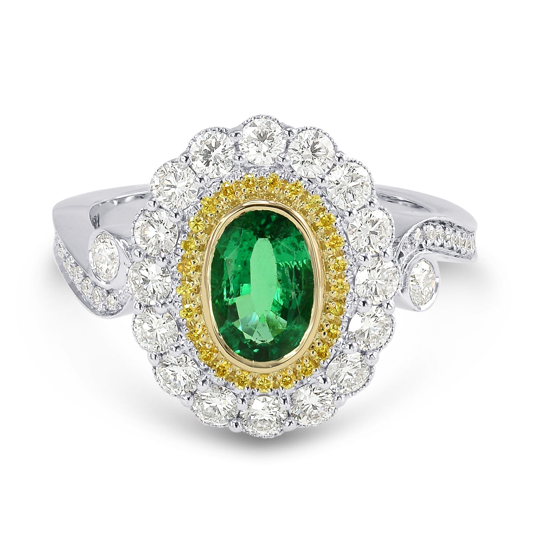 Vivid Green Emerald and Fancy Intense Yellow Diamond Ring