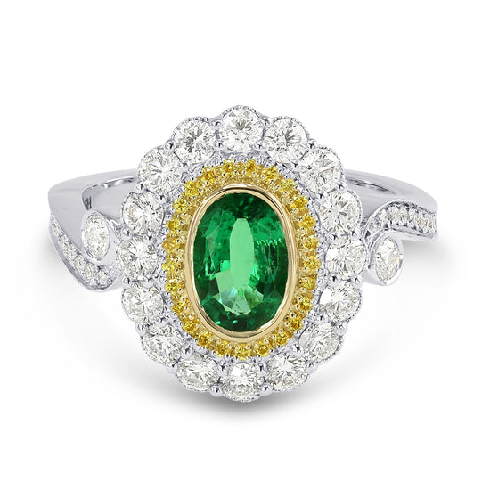 Vivid Green Emerald and Fancy Intense Yellow Diamond Ring
