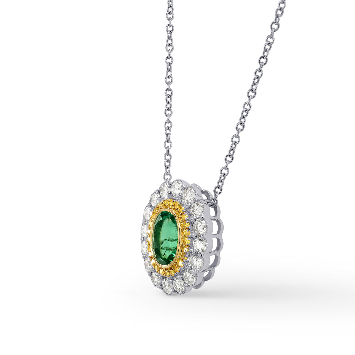 Oval Emerald and Fancy Intense Yellow Diamond Pendant
