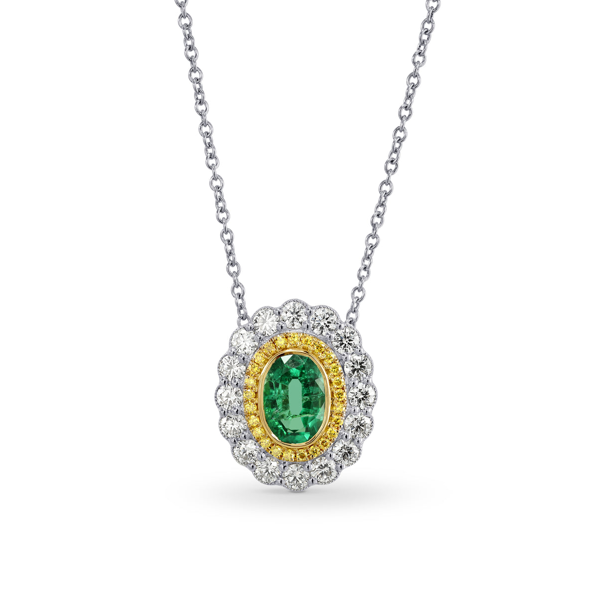 Oval Emerald and Fancy Intense Yellow Diamond Pendant
