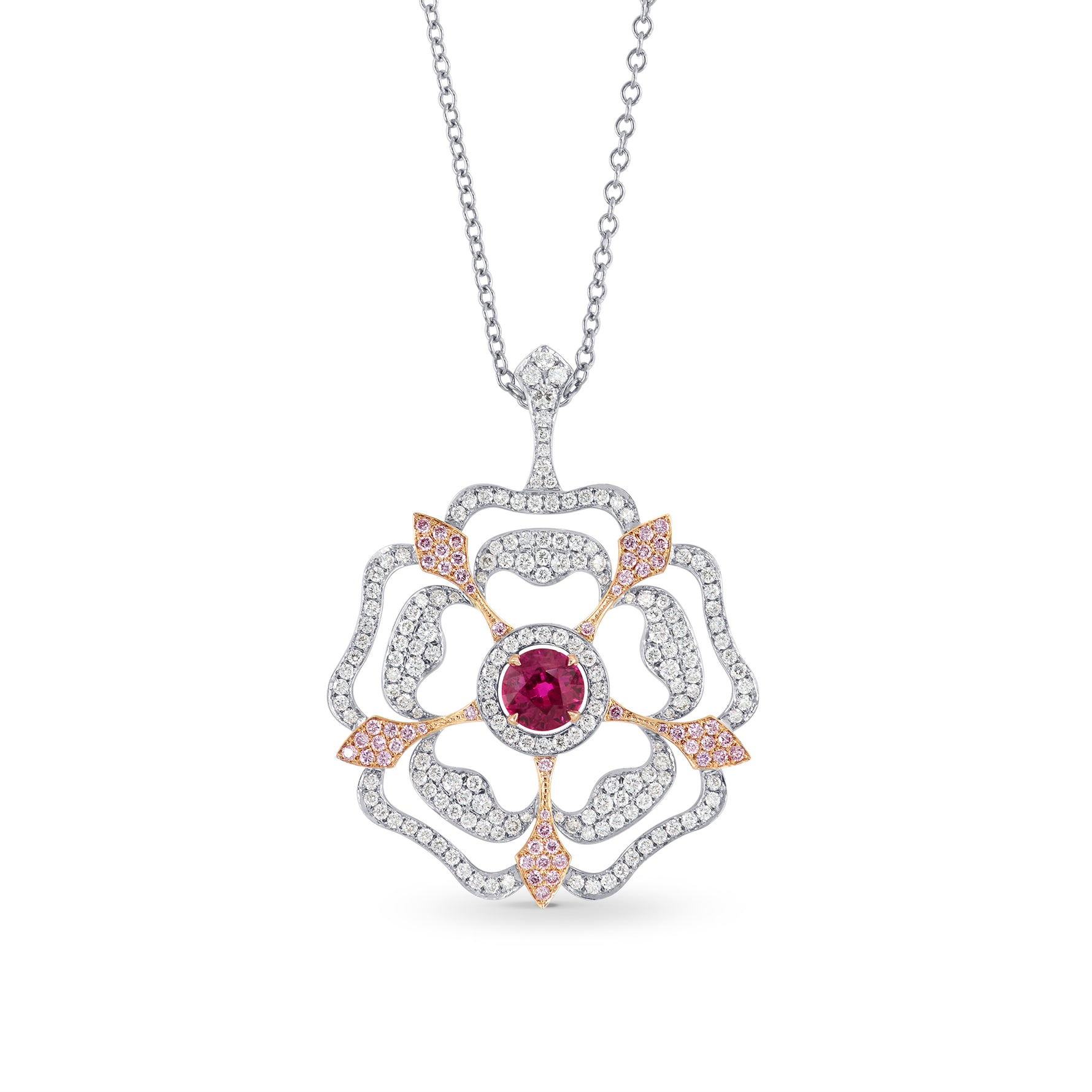 Ruby and Pink Diamond Floral Pendant