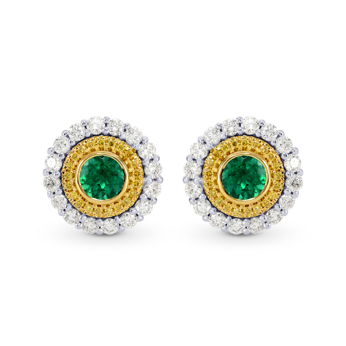 Vivid Green Emerald and Fancy Intense Yellow Diamond Earrings