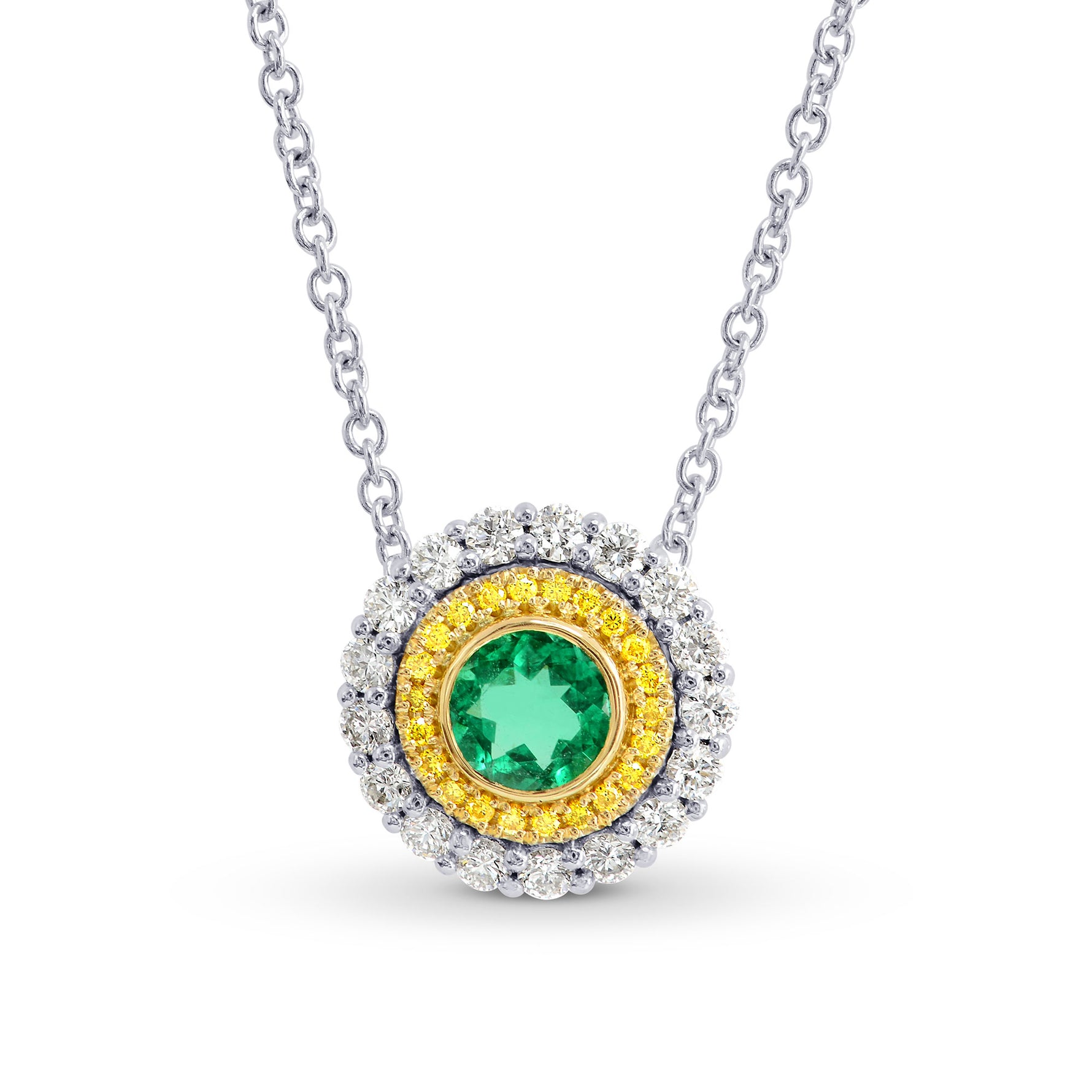 Vivid Green Emerald and Fancy Intense Yellow Double Halo Pendant