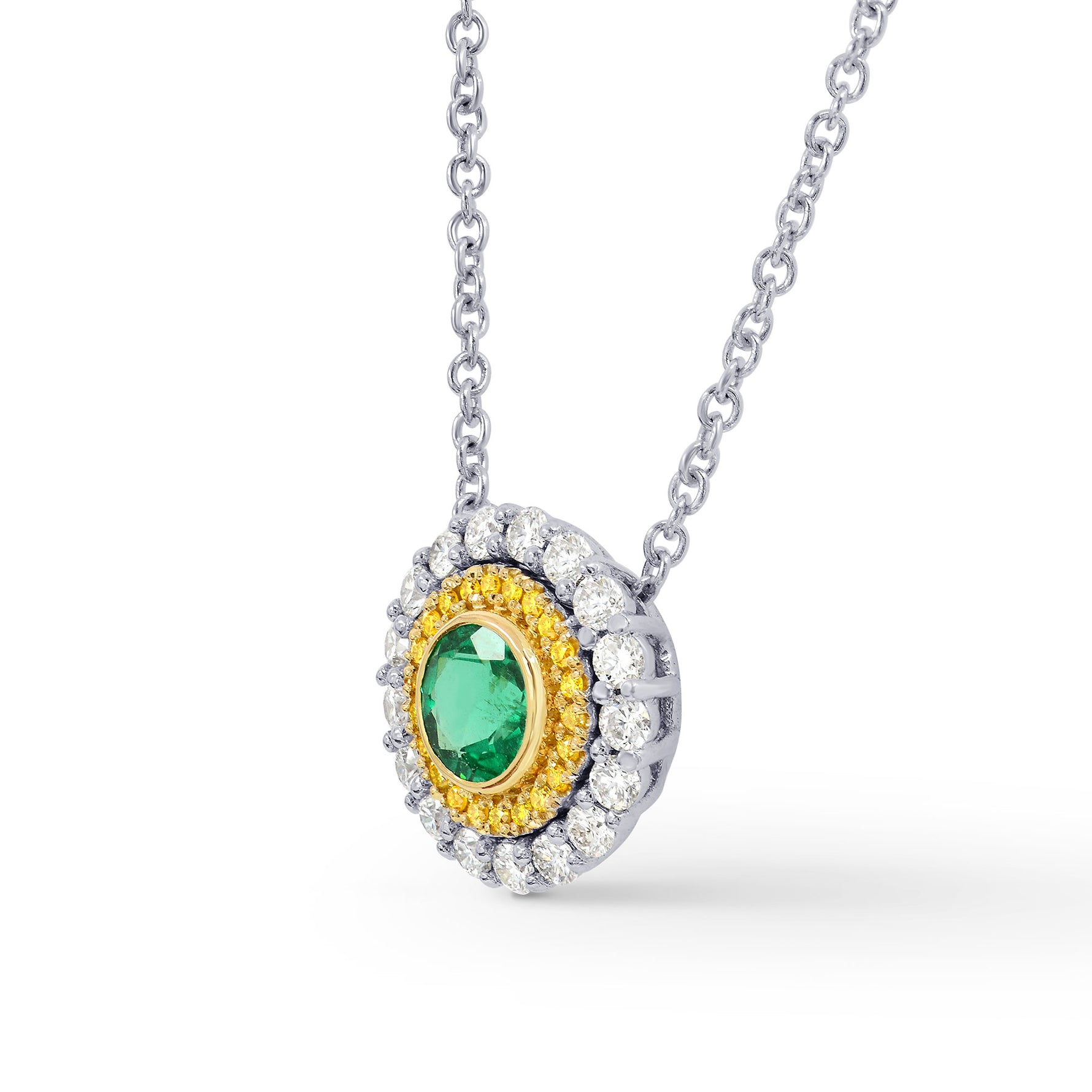 Vivid Green Emerald and Fancy Intense Yellow Double Halo Pendant