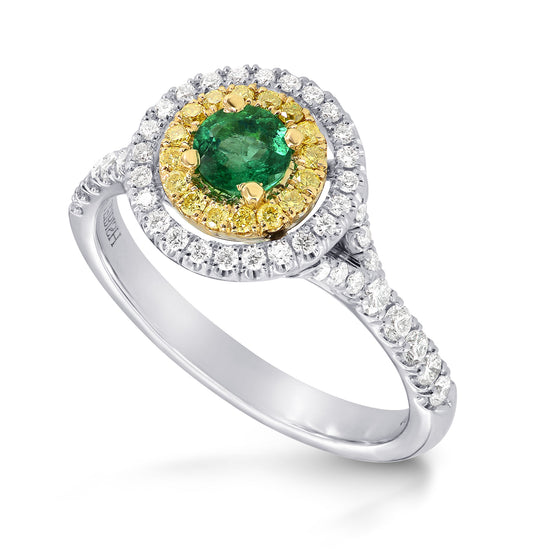 Vivid Green Emerald and Fancy Intense Yellow Double Halo Ring
