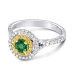 Vivid Green Emerald and Fancy Intense Yellow Double Halo Ring