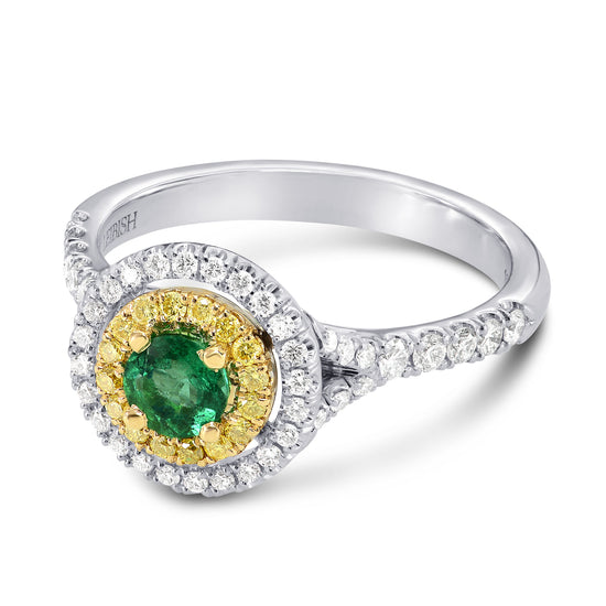 Vivid Green Emerald and Fancy Intense Yellow Double Halo Ring