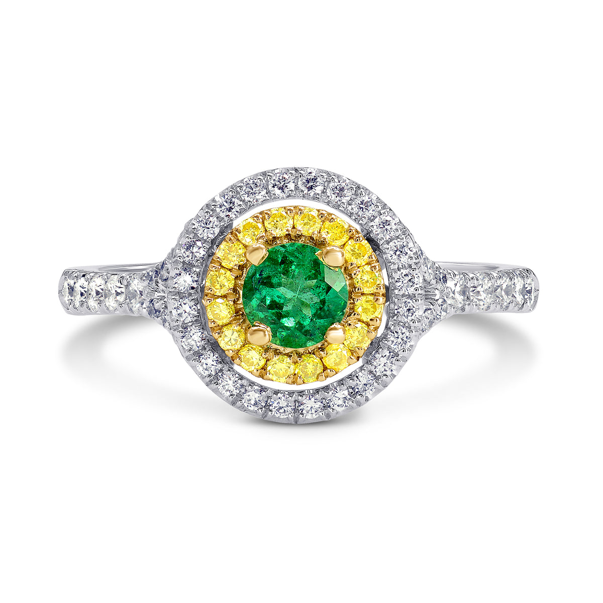 Vivid Green Emerald and Fancy Intense Yellow Double Halo Ring