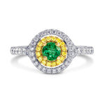 Vivid Green Emerald and Fancy Intense Yellow Double Halo Ring