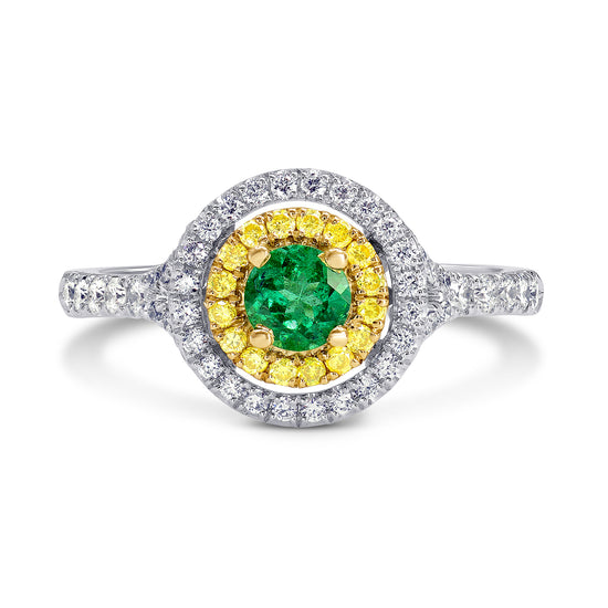 Vivid Green Emerald and Fancy Intense Yellow Double Halo Ring