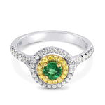 Vivid Green Emerald and Fancy Intense Yellow Double Halo Ring