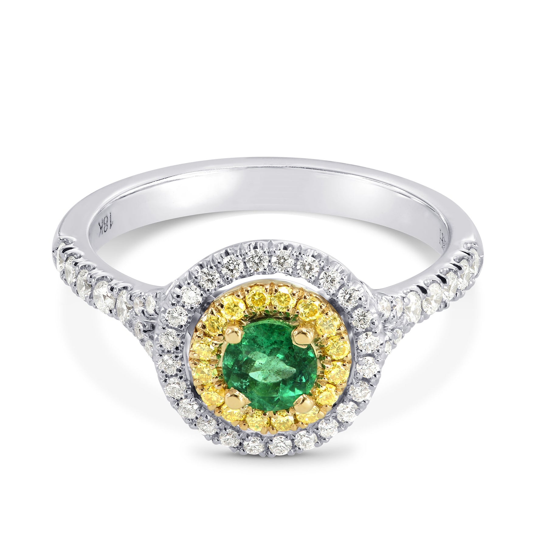 Vivid Green Emerald and Fancy Intense Yellow Double Halo Ring