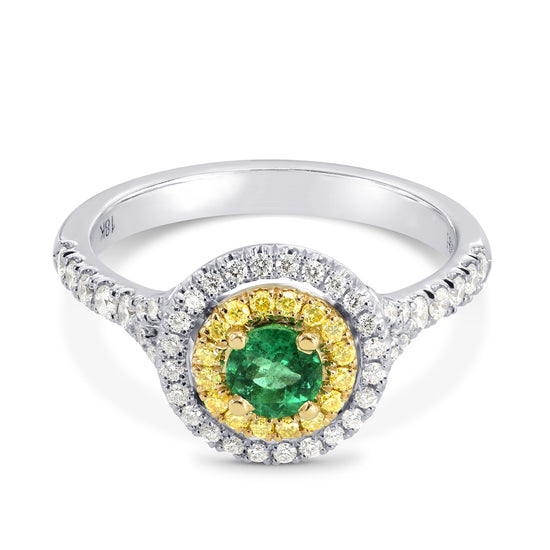 Vivid Green Emerald and Fancy Intense Yellow Double Halo Ring