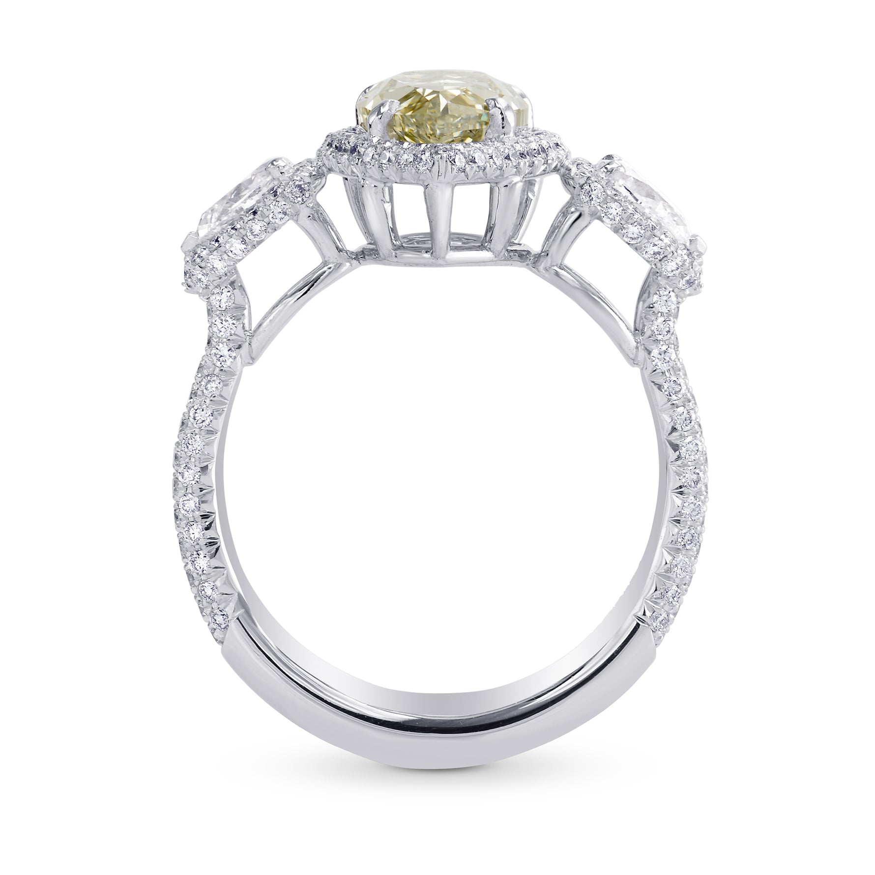  Fancy Grayish Yellowish Green Pear Shape 3 stone Halo Ring  