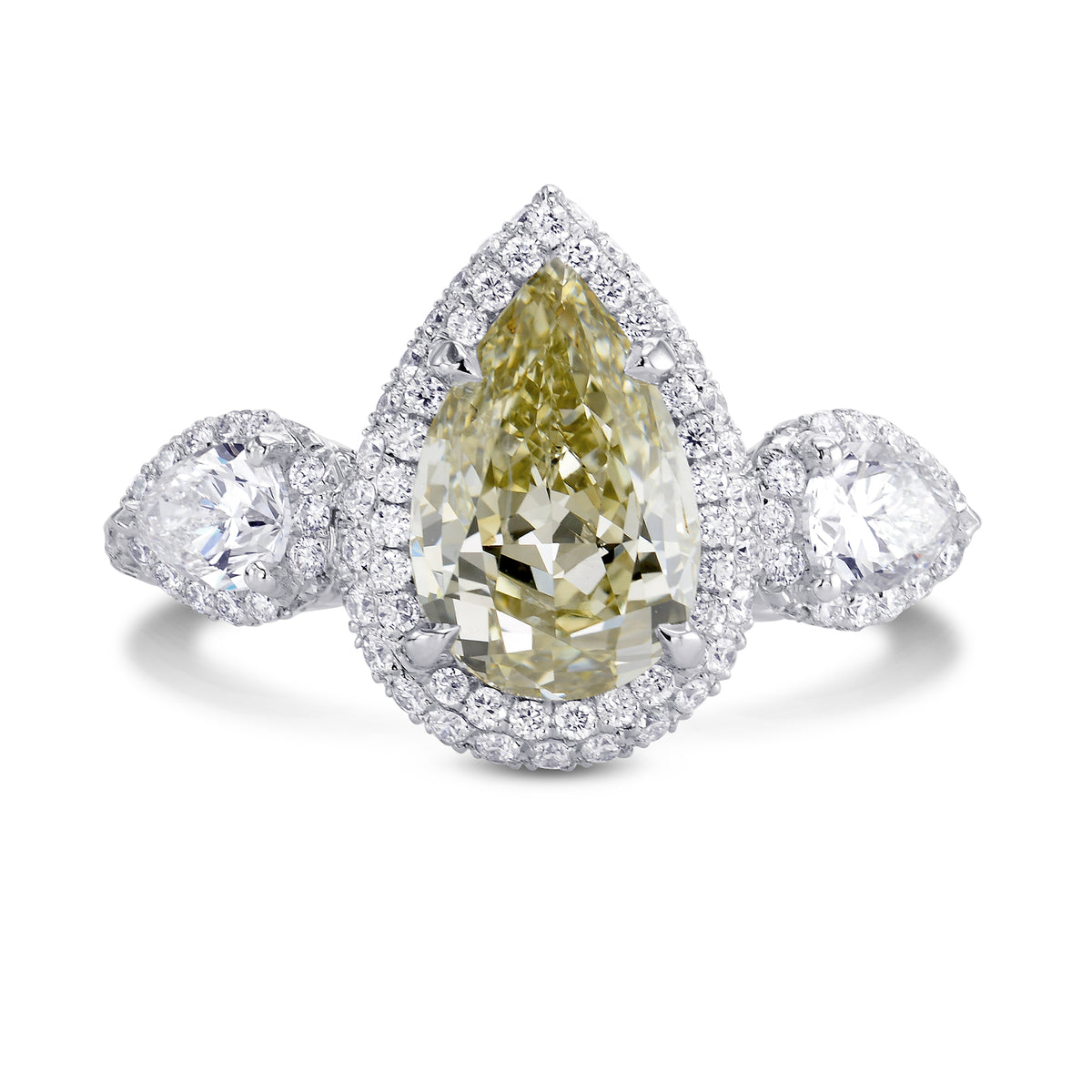  Fancy Grayish Yellowish Green Pear Shape 3 stone Halo Ring  