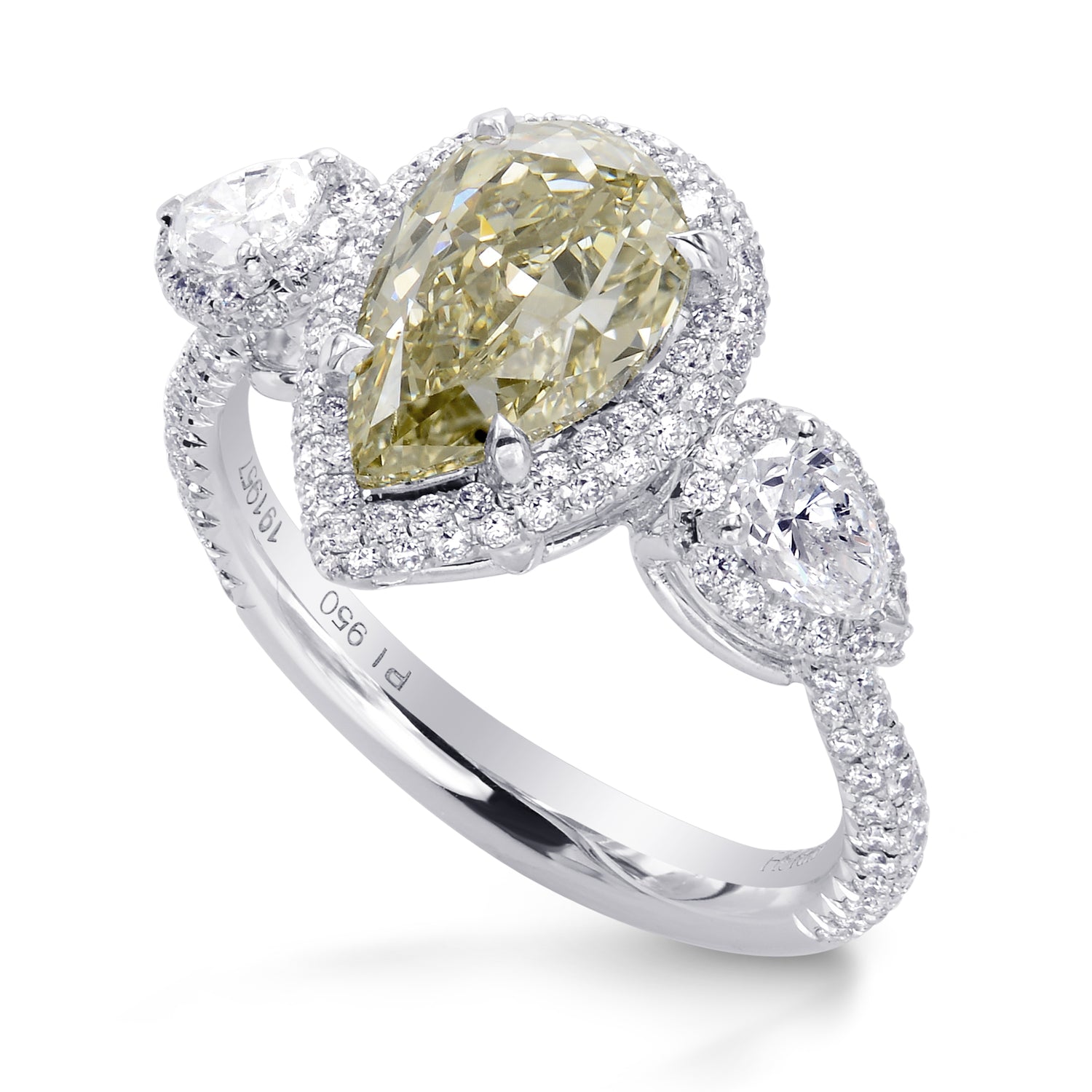  Fancy Grayish Yellowish Green Pear Shape 3 stone Halo Ring  