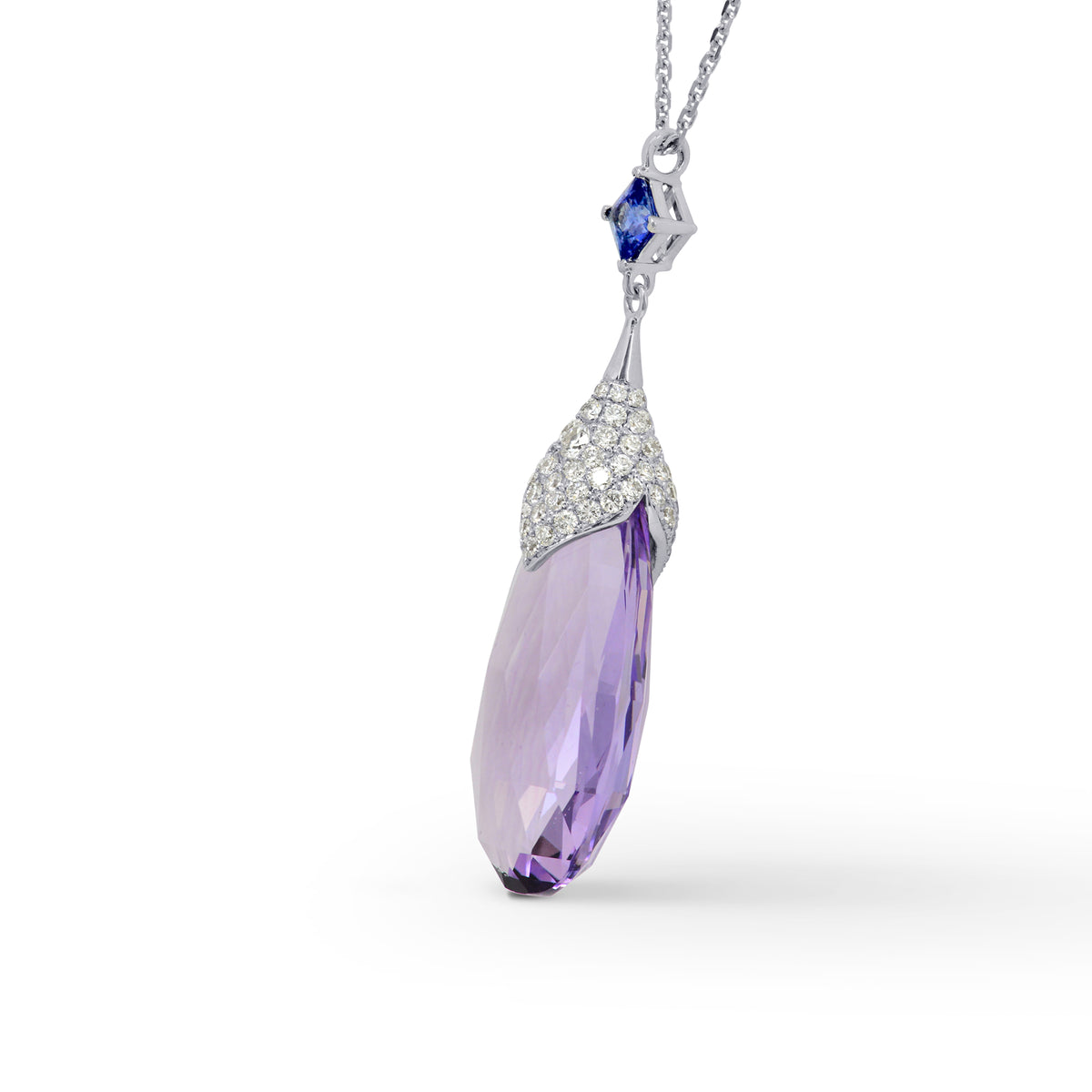 Amethyst briolette, Iolite and Diamond Pendant