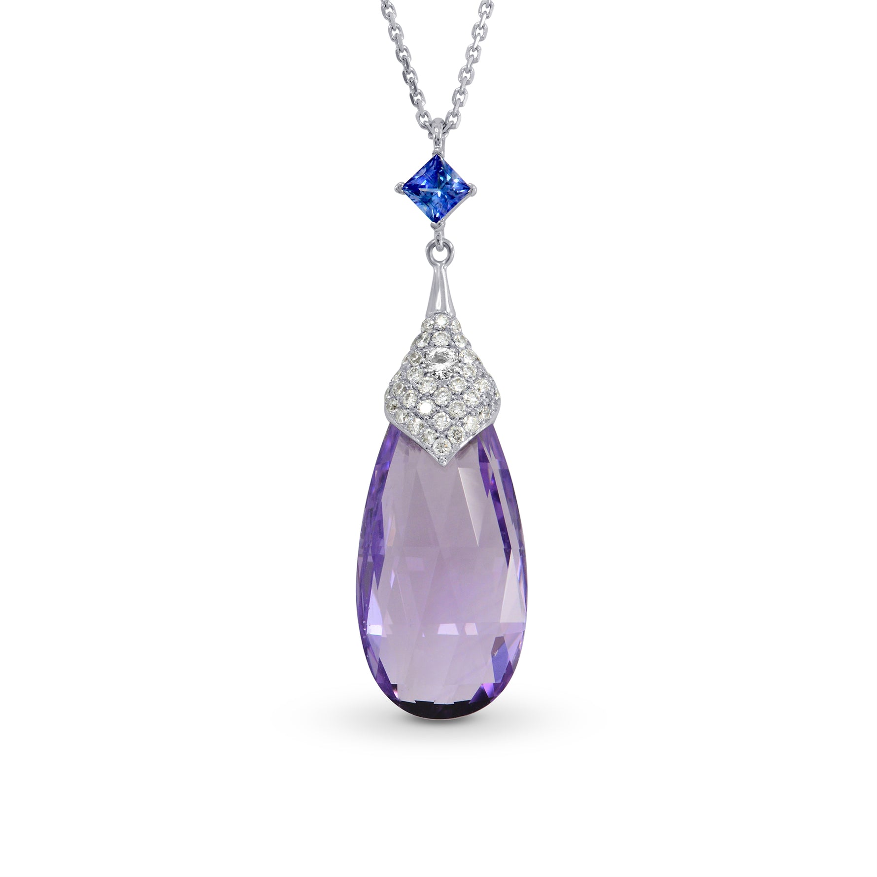 Amethyst briolette, Iolite and Diamond Pendant