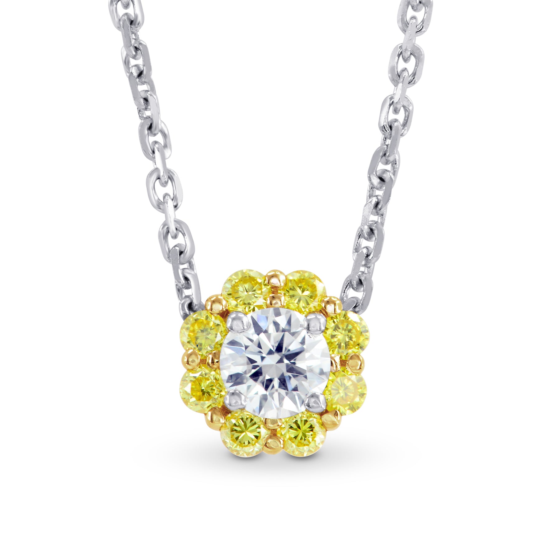 White and Canary Yellow Diamond Floral Halo Pendant