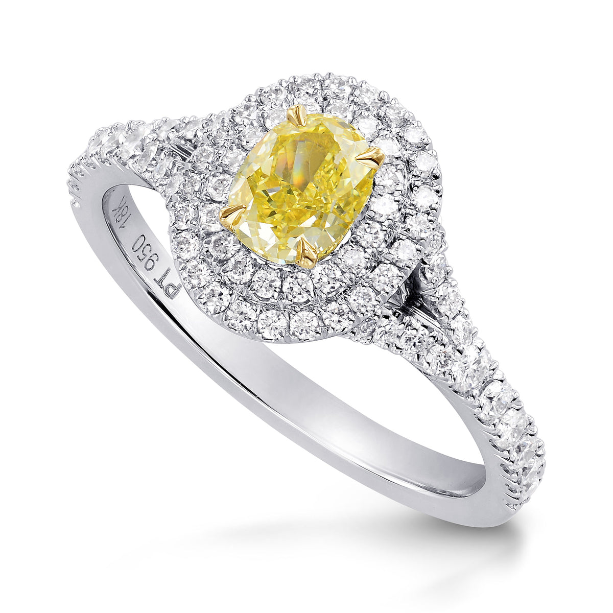 Platinum Fancy Intense Yellow Oval Diamond Double Halo Ring