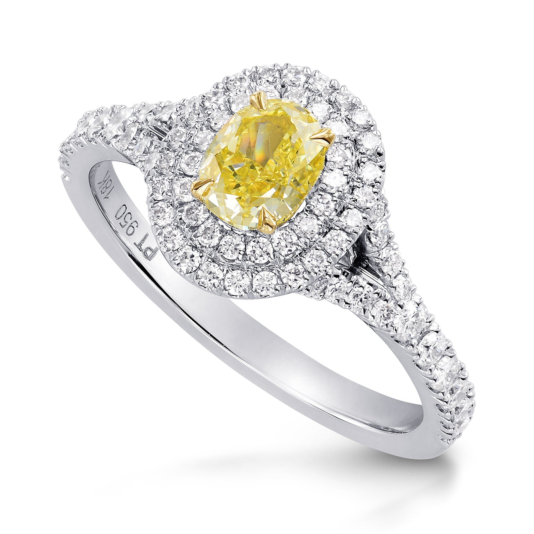 Platinum Fancy Intense Yellow Oval Diamond Double Halo Ring