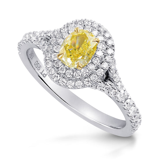 Platinum Fancy Intense Yellow Oval Diamond Double Halo Ring