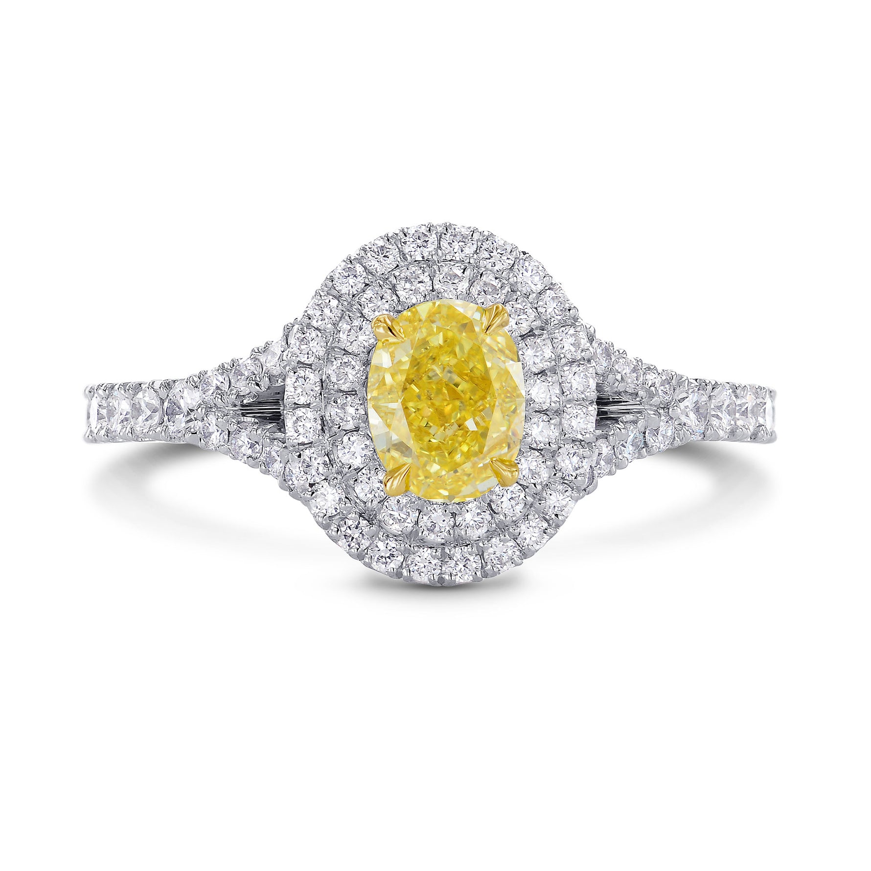 Platinum Fancy Intense Yellow Oval Diamond Double Halo Ring