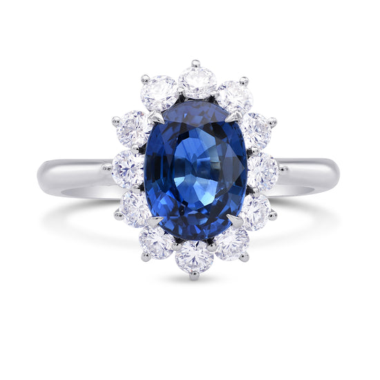 Platinum Oval Sapphire and Diamond Basket Halo Ring