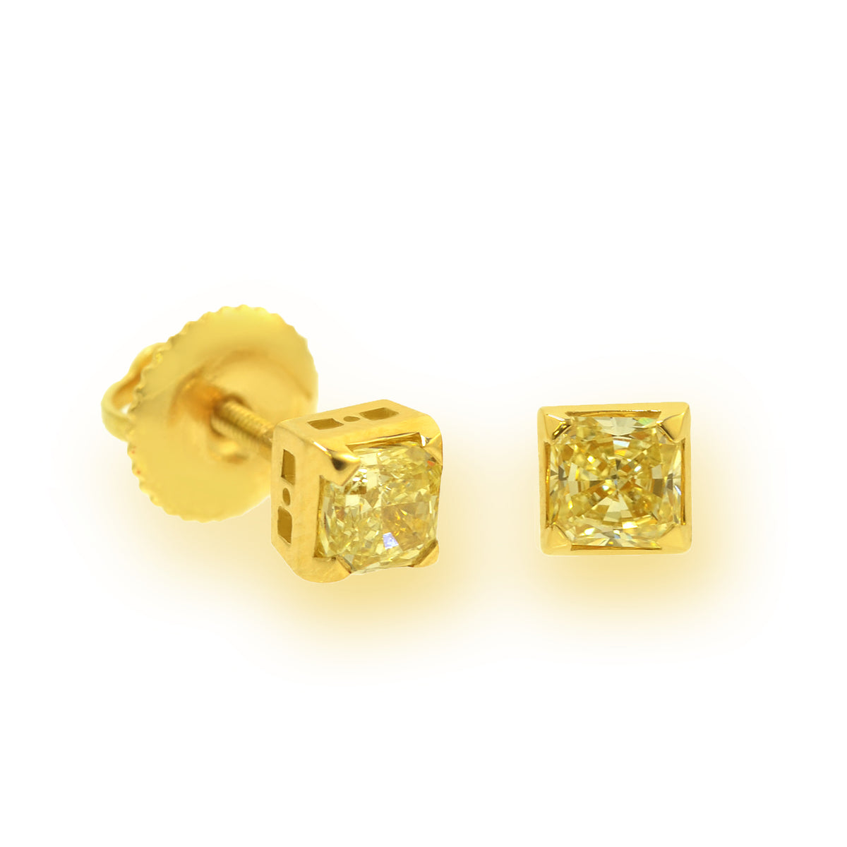 Fancy Yellow Diamond Radiant Ear studs in 18K