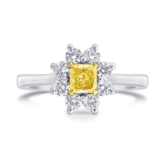 Fancy Yellow Cushion Diamond Floral Halo Ring