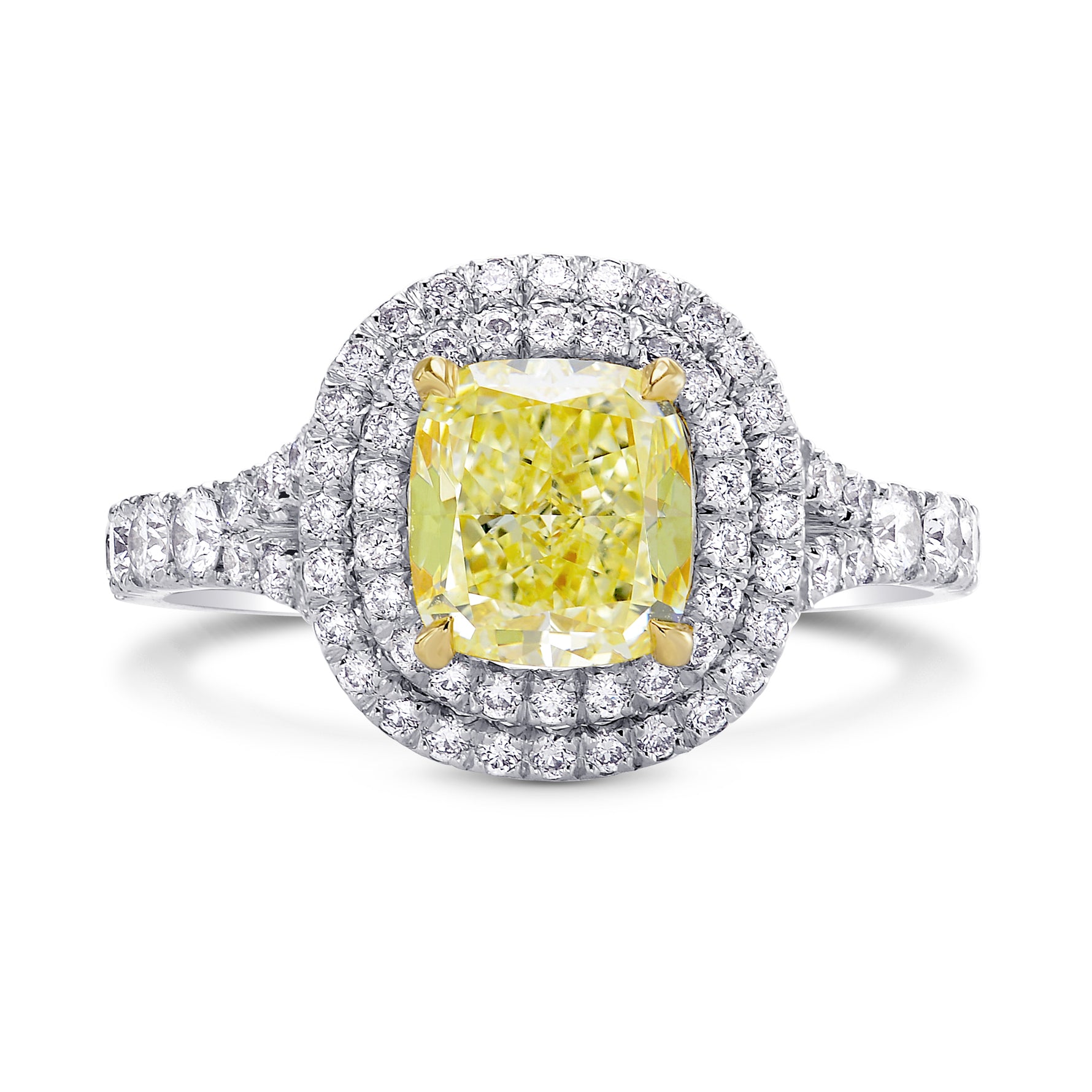  Lovely Yellow Cushion Diamond Double Halo Ring