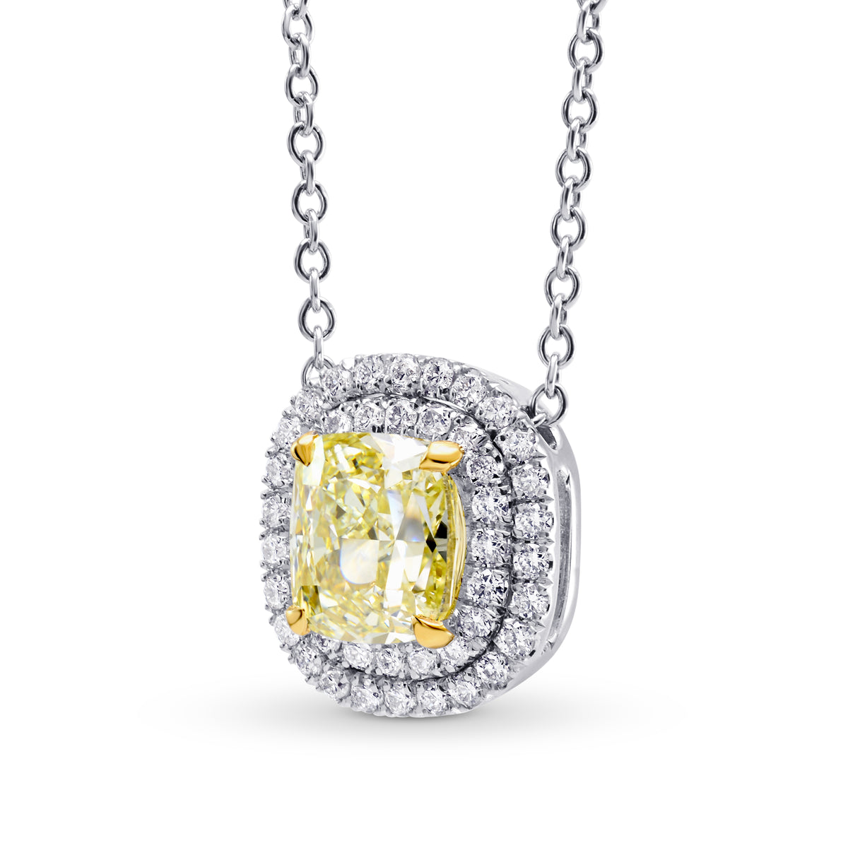 Light Yellow Internally Flawless Cushion Diamond Double Halo Pendant