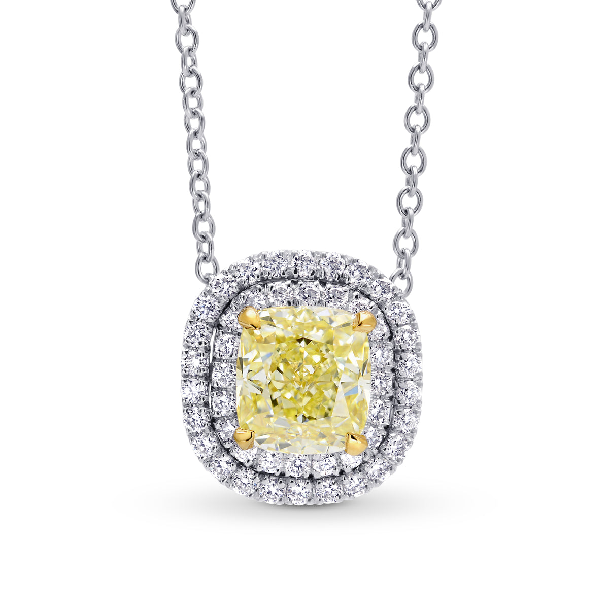Light Yellow Internally Flawless Cushion Diamond Double Halo Pendant