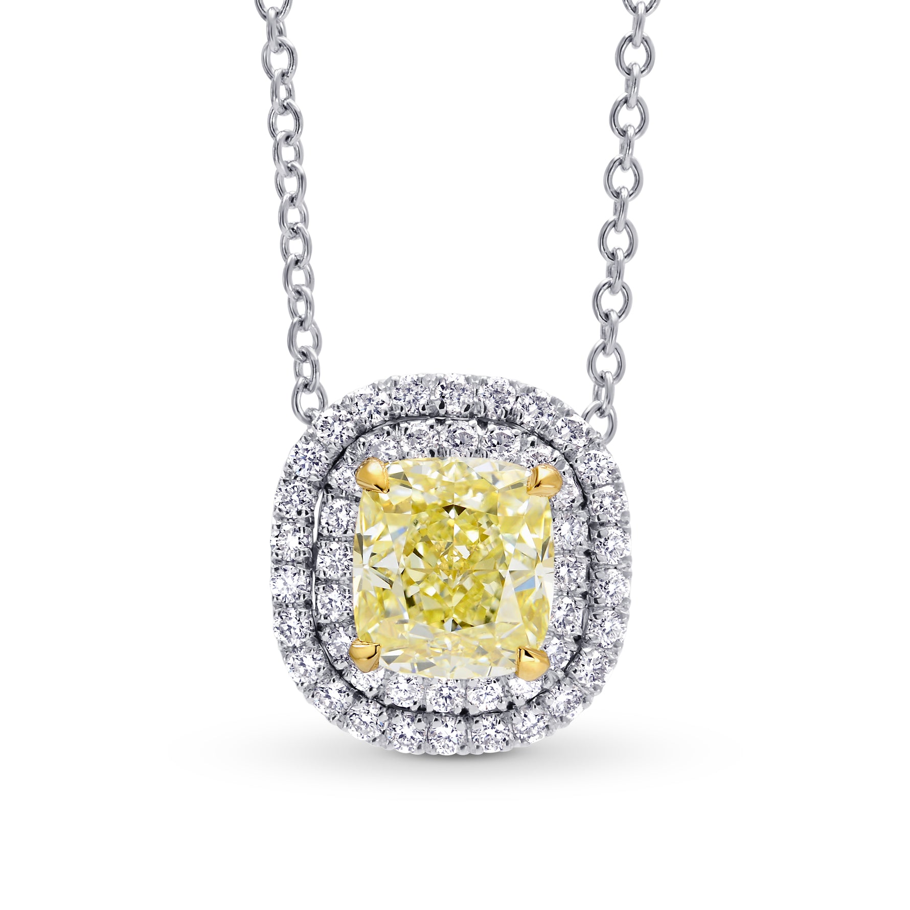 Light Yellow Internally Flawless Cushion Diamond Double Halo Pendant