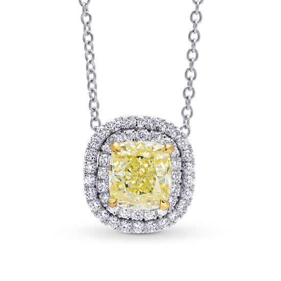 Light Yellow Internally Flawless Cushion Diamond Double Halo Pendant