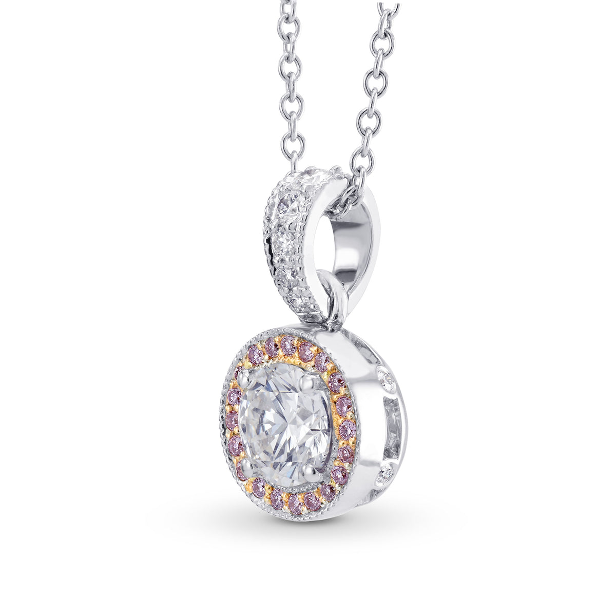 White and Fancy Pink Diamond Milgrain Halo Pendant