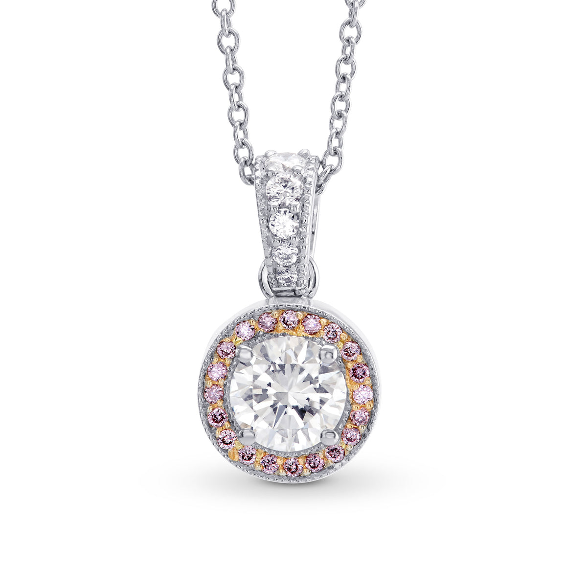 White and Fancy Pink Diamond Milgrain Halo Pendant